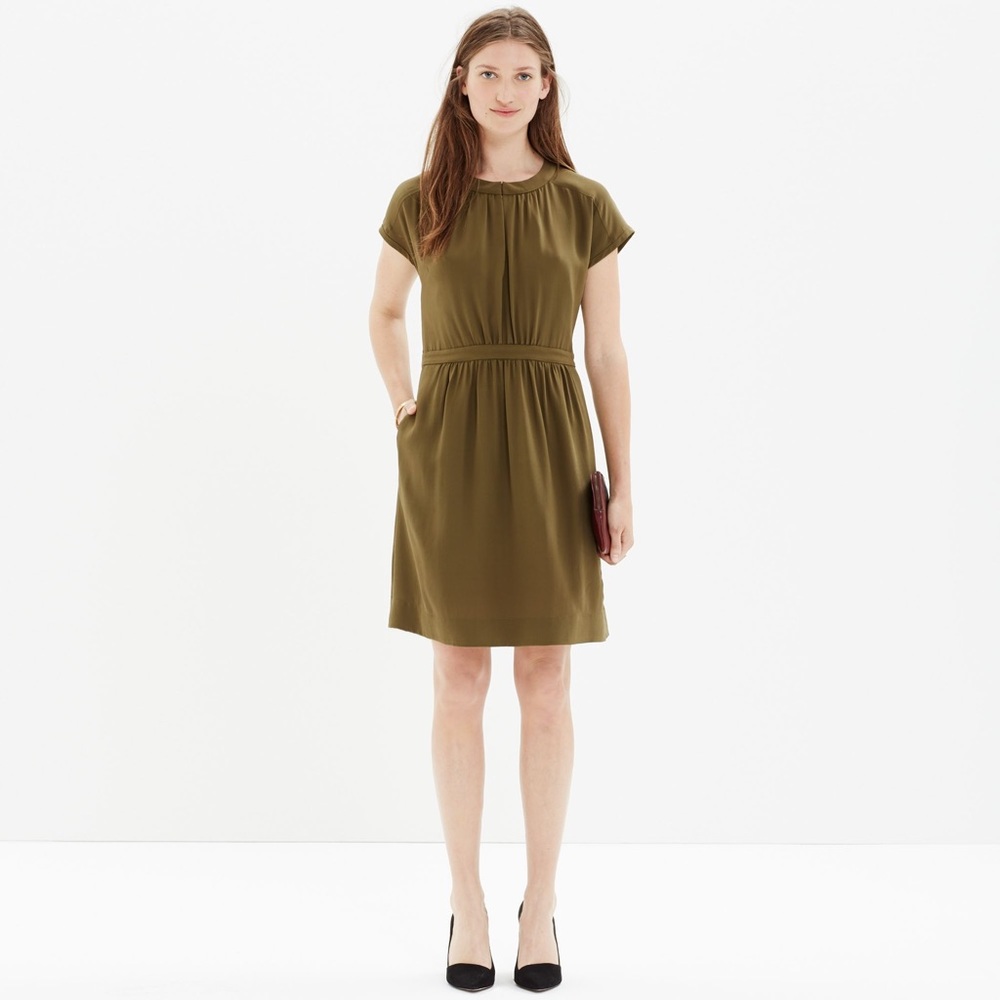 Madewell (size 2) olive silk dress, gathered waist